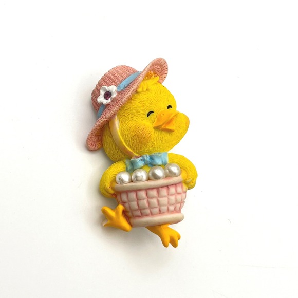 Jewelry - Vintage Easter Chick Pin Brooch Yellow Bird Pink Hat Pearl Basket Jewelry